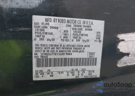 2003 Ford Explorer Sport Trac Xls/Xlt из США, поврежденный, VIN 1FMZU77E13UB19884